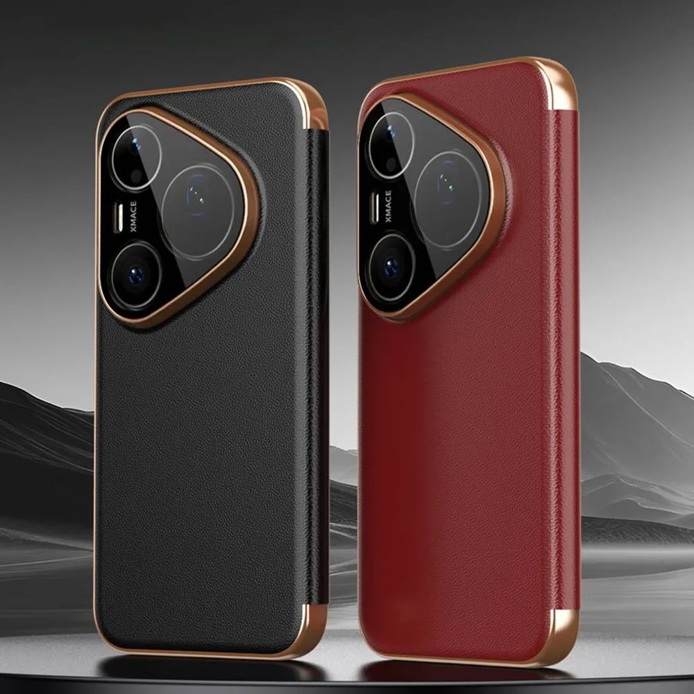 Huawei Pura 70 - Hochwertige Echtleder-Smart-Flip-Handyhülle mit Sichtfenster, für Huawei